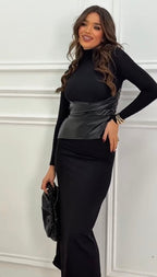 Melani Leather | Vestido Maxi de Cuello Alto con Corsé de Polipiel