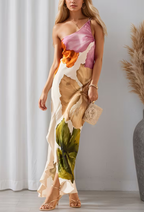 Almudena Vestido Elegante con Patchwork y Cuello Asimétrico