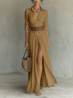 Vestido maxi - largo para mujer con cuello de solapa y mangas largas de lino