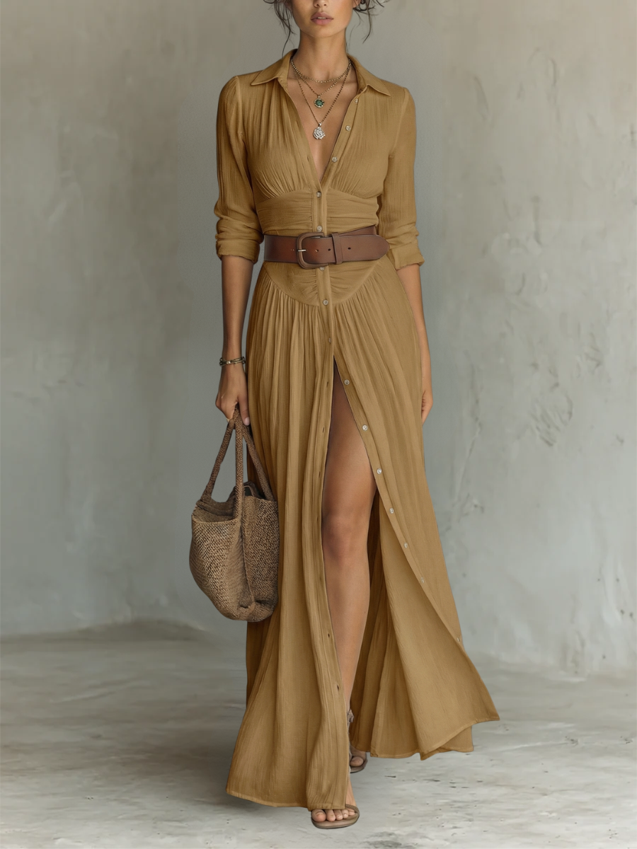 Vestido maxi - largo para mujer con cuello de solapa y mangas largas de lino