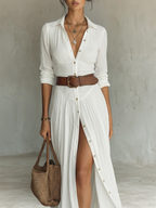 Vestido maxi - largo para mujer con cuello de solapa y mangas largas de lino
