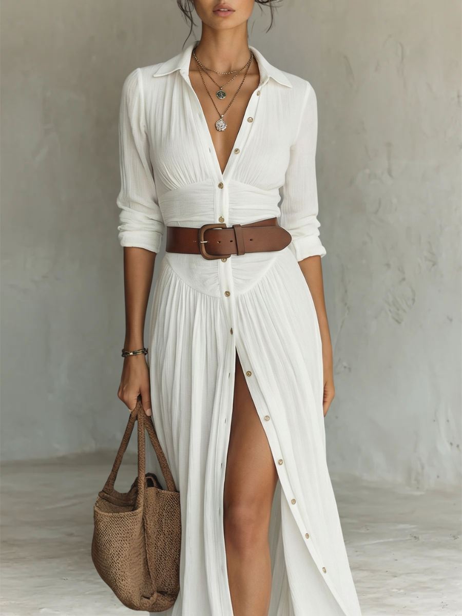 Vestido maxi - largo para mujer con cuello de solapa y mangas largas de lino