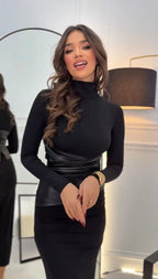 Melani Leather | Vestido Maxi de Cuello Alto con Corsé de Polipiel
