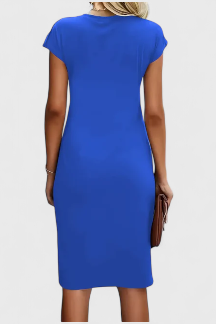 Katrina Vestido Midi Atemporal con Cuello Redondo y Detalle Drapeado