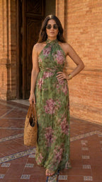 Serena ™ Vestido largo verde floral en chiffon con escote halter
