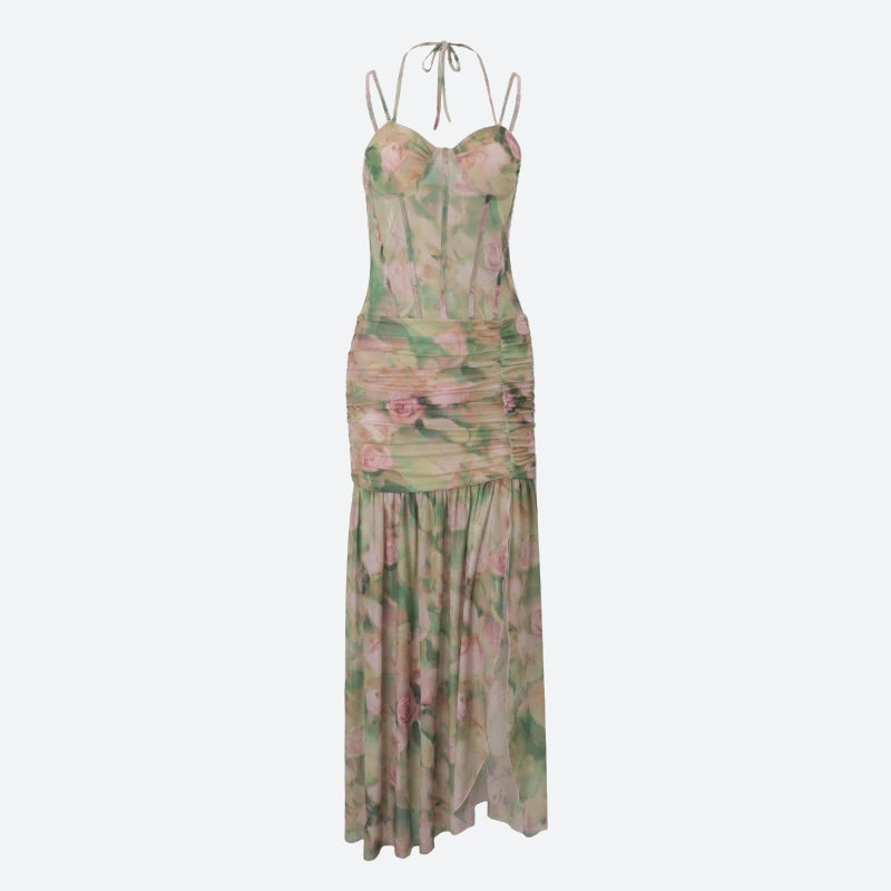 Vestido largo floral fruncido