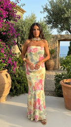 CAPRI | Vestido Largo Strapless Floral Acuarela