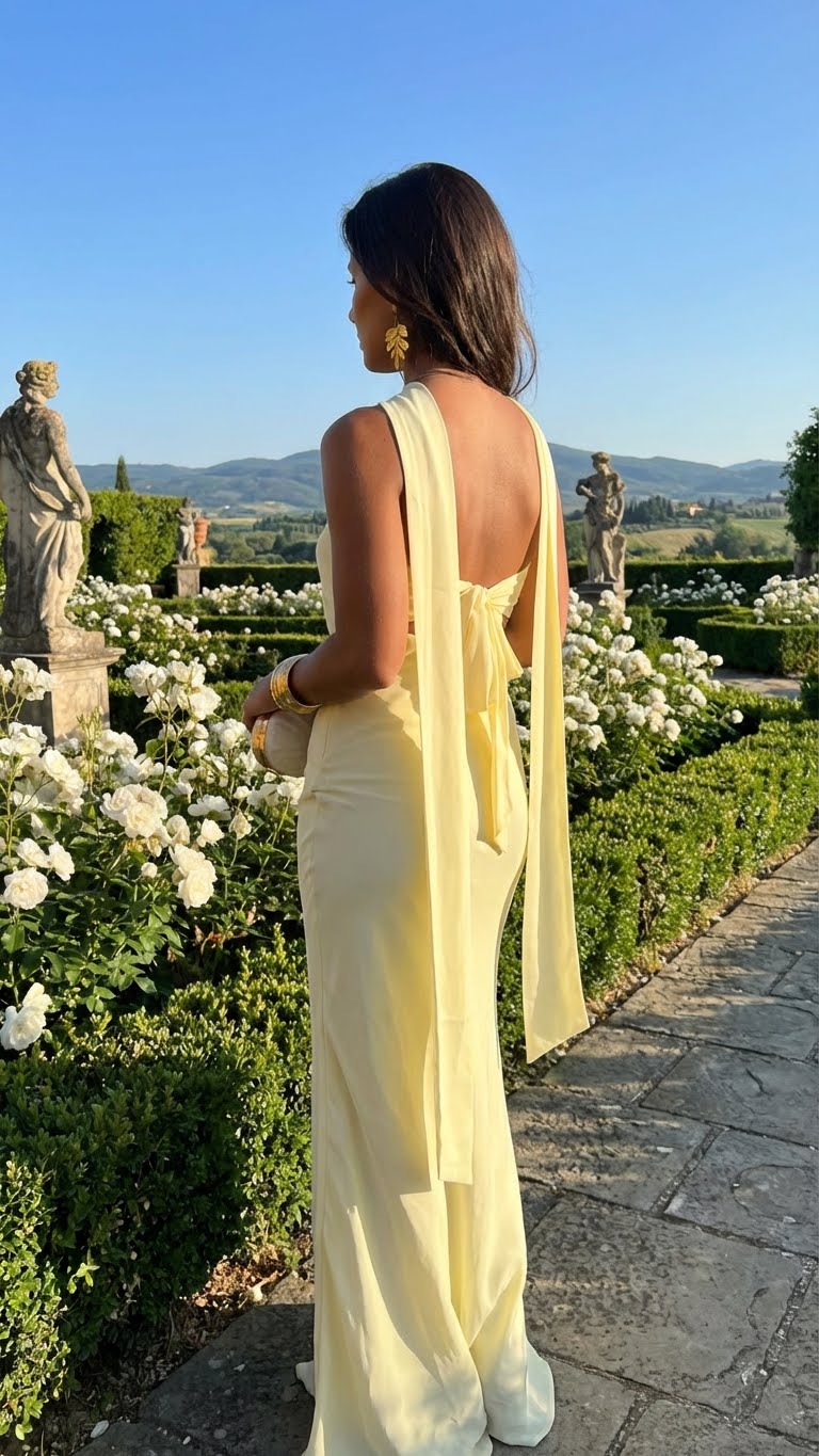 Vestido Gardenia — Maxi Halter con Rosa Corsage