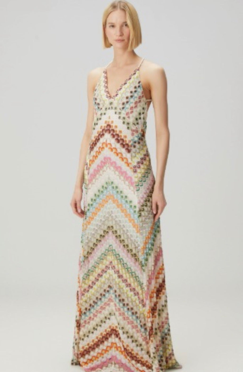 Francia Vestido Largo de Punto Multicolor con Escote Profundo y Espalda Cruzada