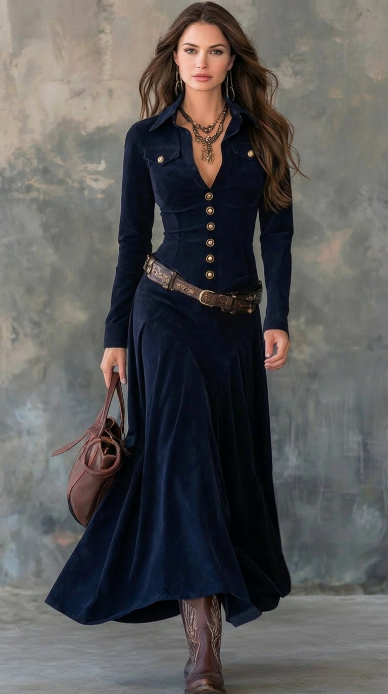 Valeria | Vestido Largo Efecto Ante de Lujo con Cinturón