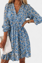 Benicia Vestido Floral de Manga Abullonada con Dobladillo Juguetón