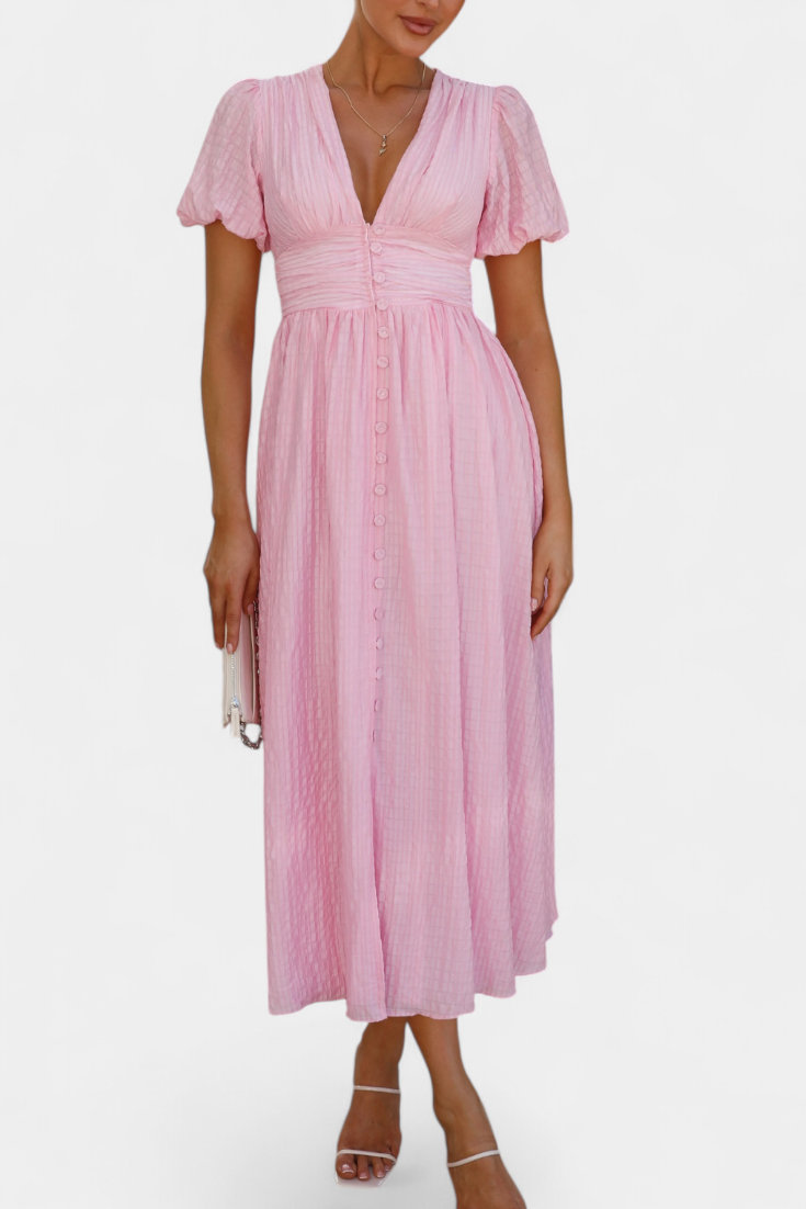 Mélia Vestido Maxi con Escote en V y Mangas Abullonadas
