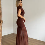 Noelia Vestido Bodycon de Malla Plisada Marrón