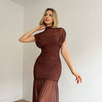 Noelia Vestido Bodycon de Malla Plisada Marrón