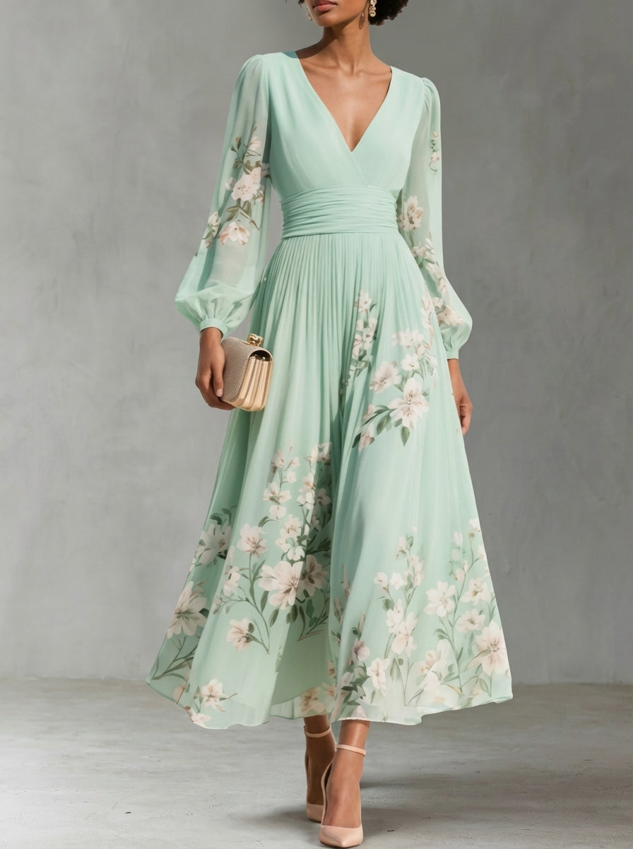 Gabriela ™ Vestido midi floral plisado de gasa con escote en V verde claro