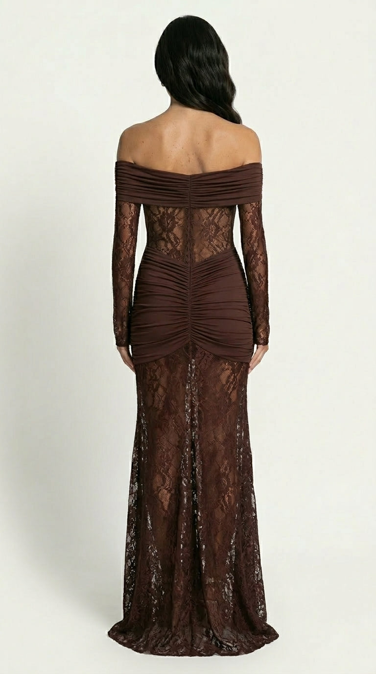 Bruma Vestido Maxi de Encaje con Ruches sin Tirantes