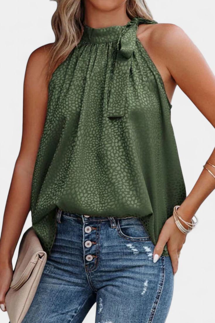 Adela Blusa sin Mangas de Leopardo con Cuello Alto y Lazo