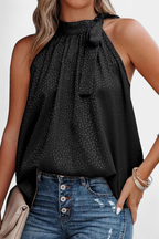 Adela Blusa sin Mangas de Leopardo con Cuello Alto y Lazo