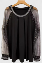 Flor Blusa Elegante con Mangas de Tul y Acentos de Strass