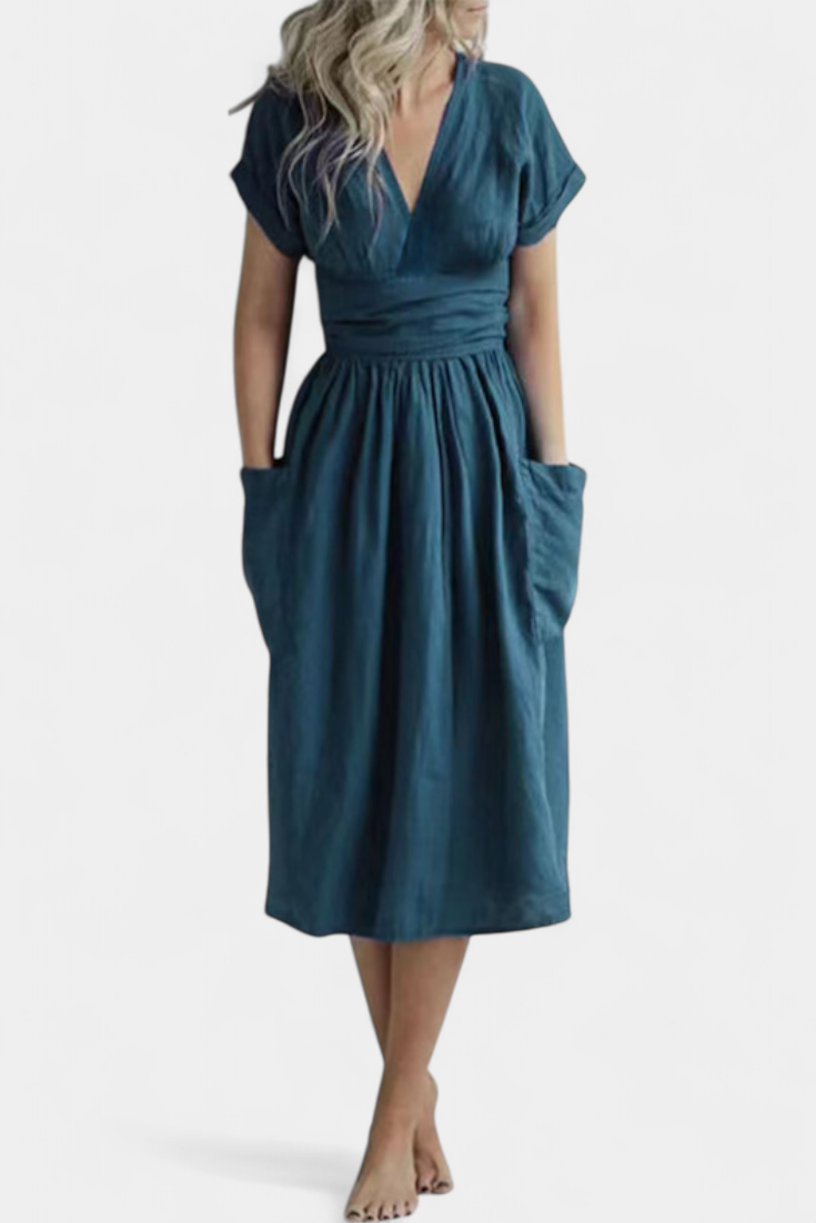 Cressida Vestido de Algodón con Escote en V y Cintura Ajustable