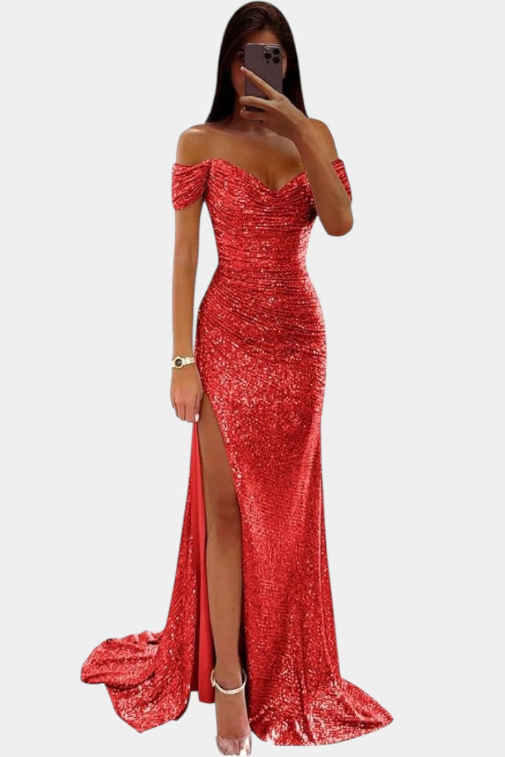 Ariel Vestido de Sirena con Lentejuelas Off-Shoulder