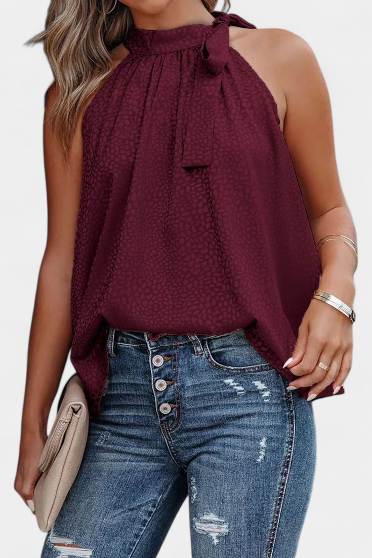 Adela Blusa sin Mangas de Leopardo con Cuello Alto y Lazo