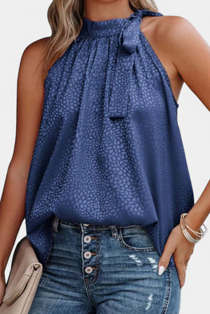 Adela Blusa sin Mangas de Leopardo con Cuello Alto y Lazo