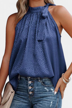 Adela Blusa sin Mangas de Leopardo con Cuello Alto y Lazo