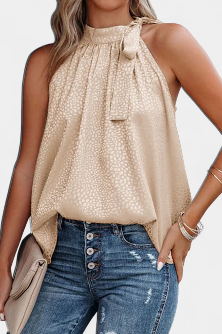Adela Blusa sin Mangas de Leopardo con Cuello Alto y Lazo