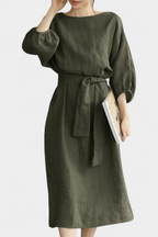 Krisbel Vestido de Lino Algodón con Cintura Anudada