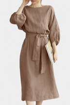 Krisbel Vestido de Lino Algodón con Cintura Anudada