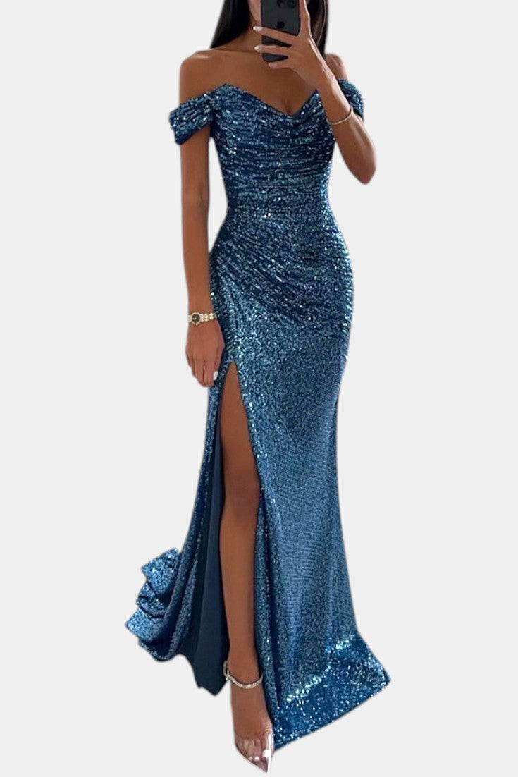 Ariel Vestido de Sirena con Lentejuelas Off-Shoulder