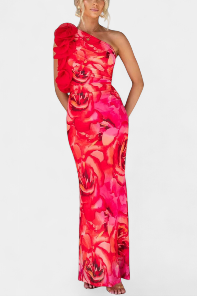 Maëlle Vestido Midi con Detalle Floral de Un Hombro