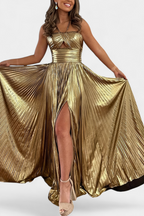 Aikaterini Vestido Maxi Metálico con Cuello Cruzado y Abertura