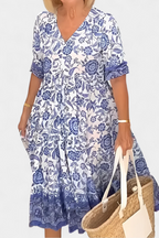Elcira Vestido Bohemio Floral con Escote en V y Volantes