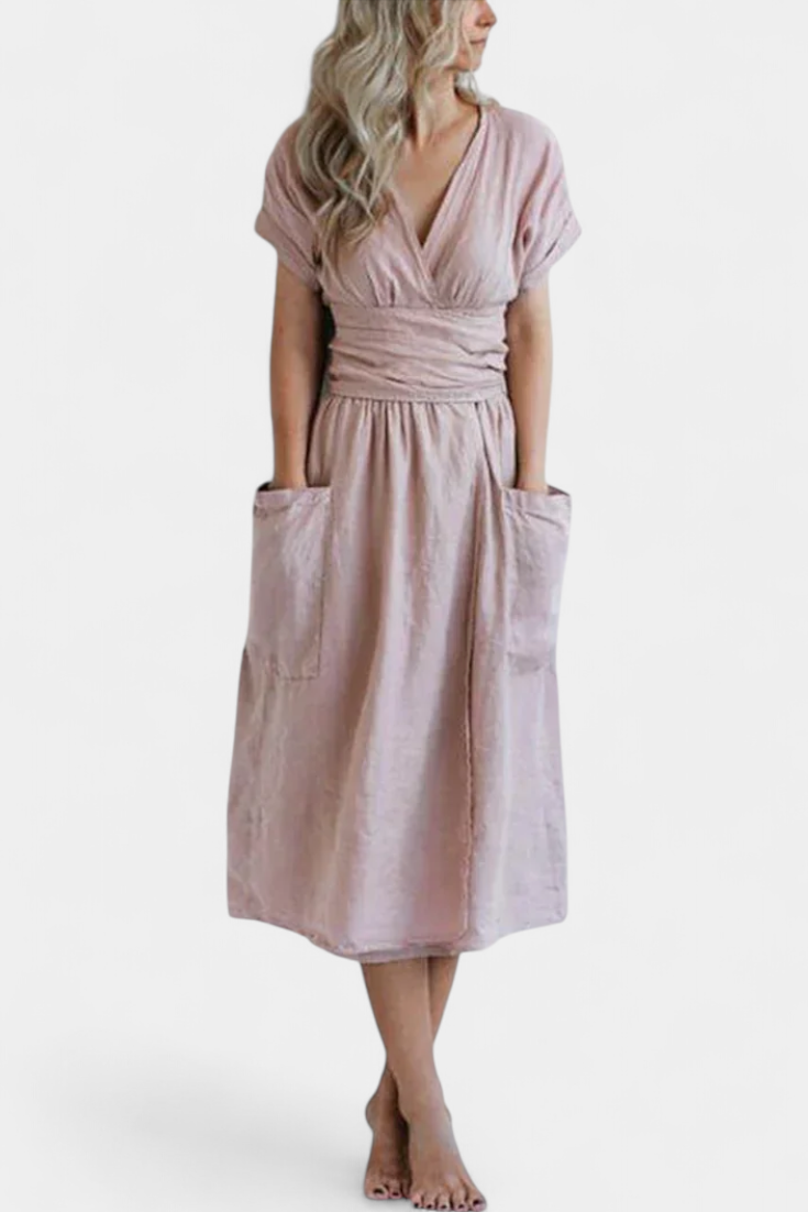 Cressida Vestido de Algodón con Escote en V y Cintura Ajustable