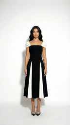 Divina Bicolor | Vestido Midi Bicolor con Falda Plisada y Manga Globo