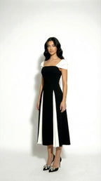 Divina Bicolor | Vestido Midi Bicolor con Falda Plisada y Manga Globo