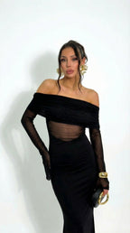 Velvet Shadow | Vestido Maxi Bardot con Panel de Tul y Manga Larga