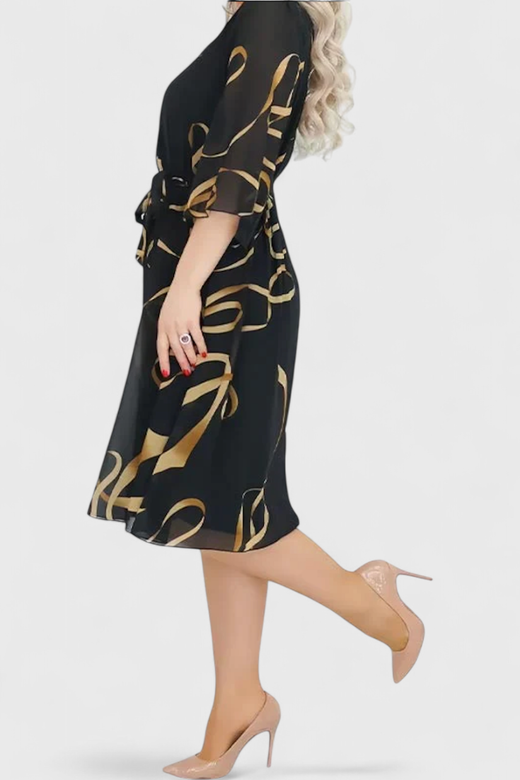 Ame Vestido Midi Estampado con Cinturón y Corte Versátil