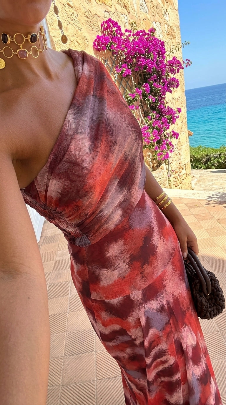 FLORA | Vestido Largo Hombro Caído Acuarela