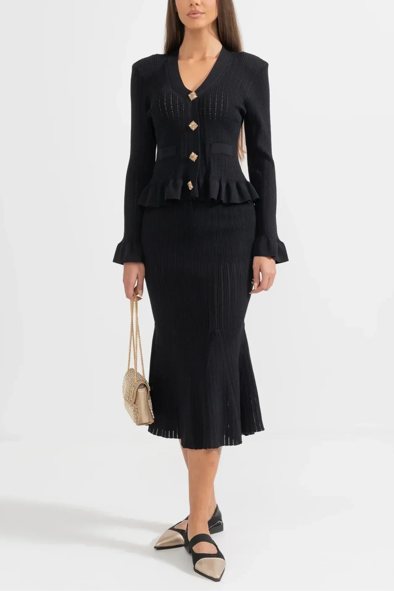 Prudence Conjunto de Vestido Midi de Punto Refinado y Top con Botones