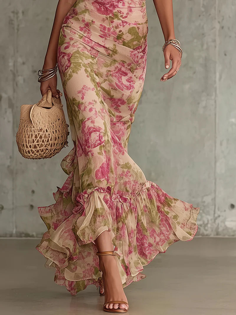 Fiora ™ Vestido largo con estampado vintage de rosas y mangas abullonadas