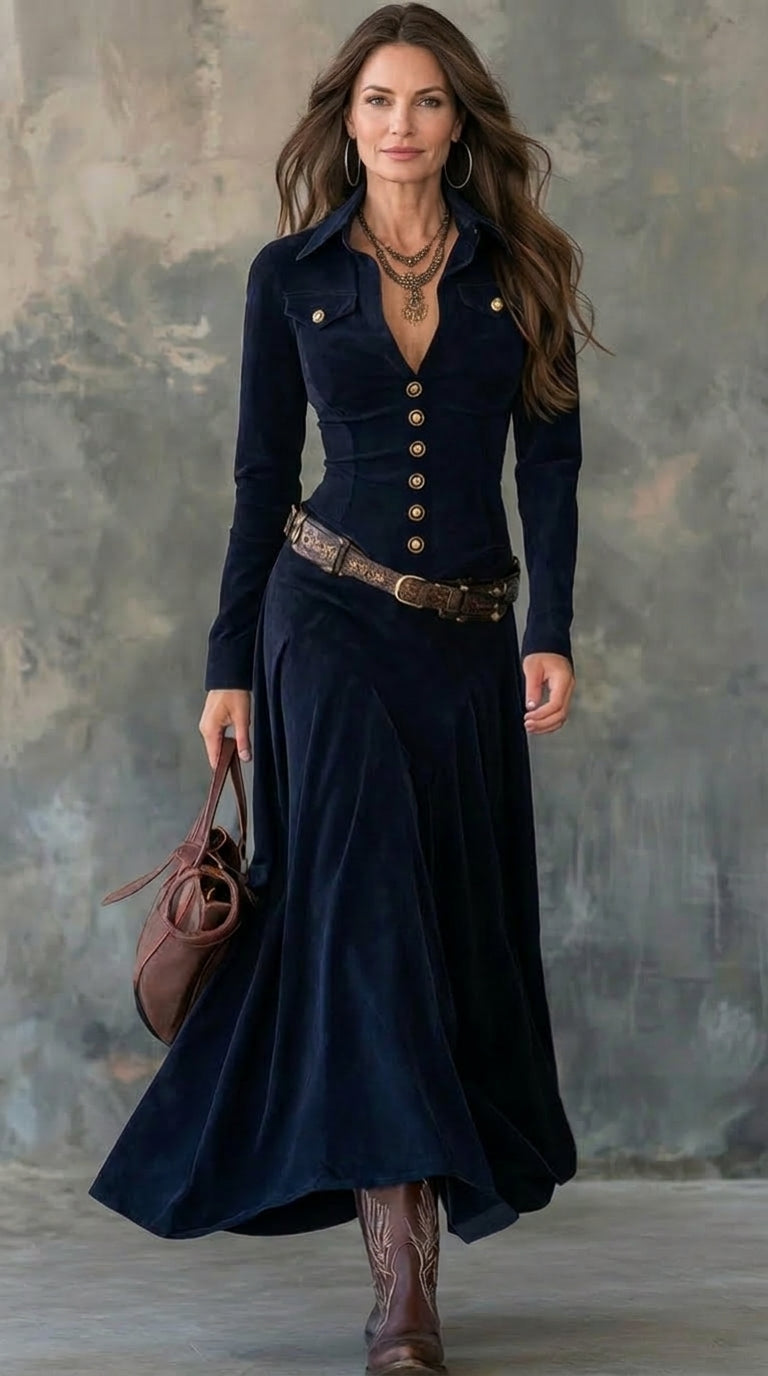 Valeria | Vestido Largo Efecto Ante de Lujo con Cinturón