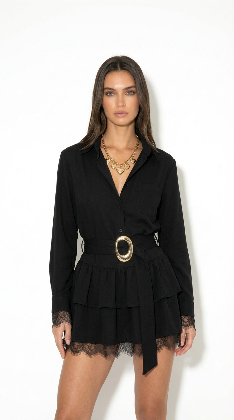 Letizia Boho | Vestido Mini Camisero con Volantes y Cinturón