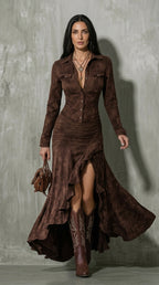 Carolina | Vestido Largo Retro Marrón con Volantes