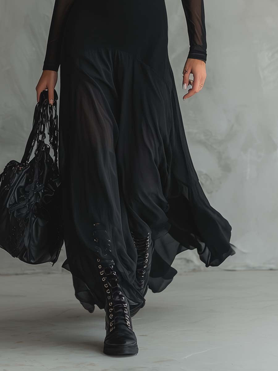 YEDRA | Vestido Maxi de Tul Negro Vaporoso