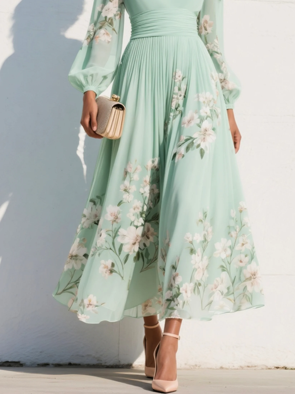 Gabriela ™ Vestido midi floral plisado de gasa con escote en V verde claro