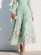 Gabriela ™ Vestido midi floral plisado de gasa con escote en V verde claro
