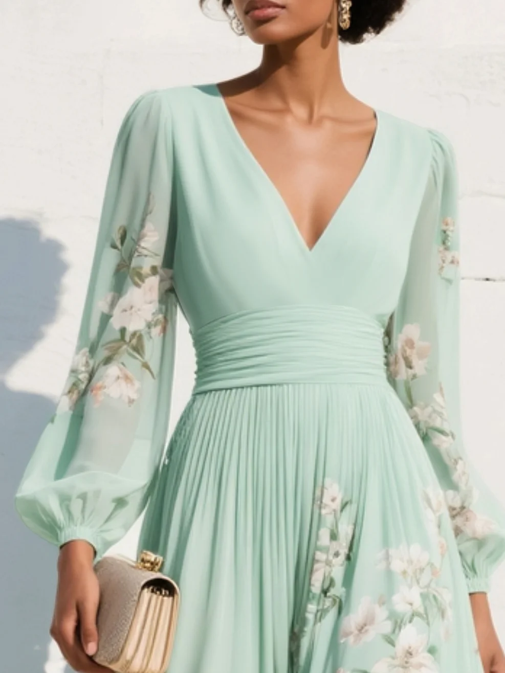 Gabriela ™ Vestido midi floral plisado de gasa con escote en V verde claro